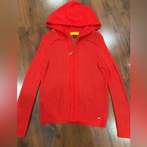St. John Sport knit women's gorgeous full zip wool hoodie Sz M bright red color